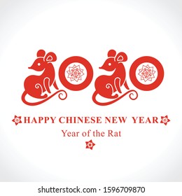 Red template 2020 with a cute cartoon rats and floral pattern. Chinese New Year of the Rat. Happy New Year. Wise Rat 2020. New Year on the Chinese calendar.