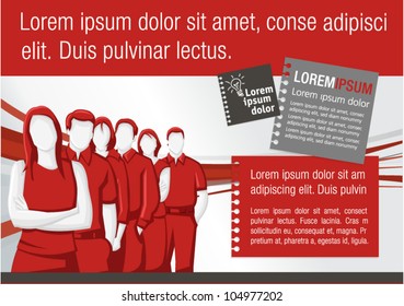 Red template for advertising brochure with business people