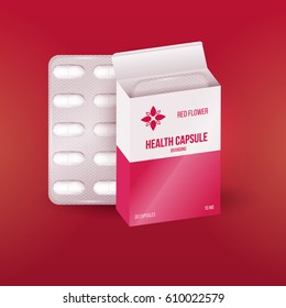 Red template branding design for paper packaging or boxes with capsules blister. Advertising medical products for health and beauty. 3d blank vector mockup drugs.