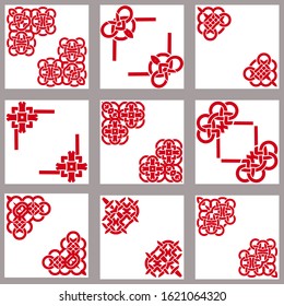 Red template corner in asian style with chinese knots. Deco borders, oriental ornament. Vector set of 9.