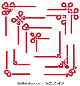 Red template corner in asian style with chinese knots. Deco borders, oriental ornament. Vector set of 11.
