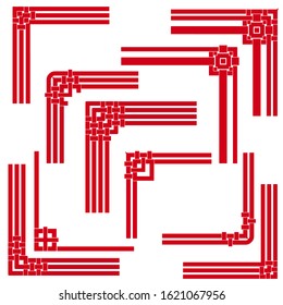 Red template corner in asian style with chinese knots. Deco borders, oriental ornament. Vector set of 10.
