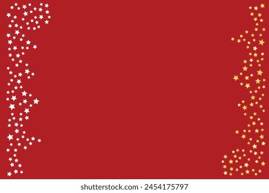 Red template with golden white stars Gold confetti Great background for wedding invitations greeting cards New Year posters Christmas Birthday vector banner Copy space for your text Fairytale magic