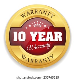 Red ten year warranty badge with gold border on white background