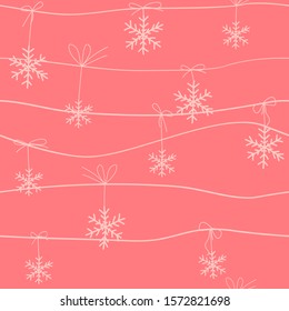 Red tender Christmas seamless pattern with snowflakes on stripes: wrapping paper texture, greeting card illustration. Vector graphics.