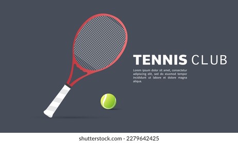 Raqueta roja de tenis con bola , Diseño plano sencillo ,Ilustraciones para uso en eventos deportivos en línea , Ilustración Vector EPS 10