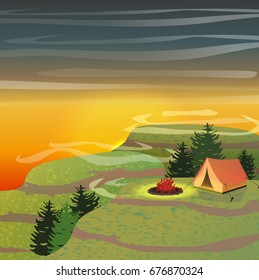 A red tent and a fire on the hill. Sunset on the nature. Setting sun in the evening sky. Summer or autumn. Hiking and camping. Vector landscape can be used in newsletter, brochures, postcards, banner.
