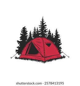 Red tent nestled in a pine forest, ready for a camping adventure. Escape to nature and enjoy the serenity of the wilderness.