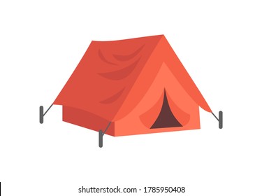 Red tent with pegs semi flat RGB color vector illustration. Summer recreation, rest after hiking. Campsite canopy for tourist. Camp shelter isolated cartoon object on white background