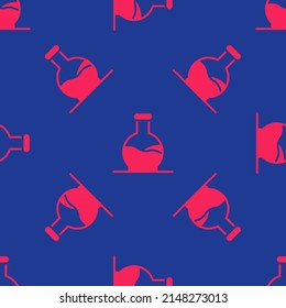 Red Test tube and flask chemical laboratory test icon isolated seamless pattern on blue background. Laboratory glassware sign.  Vector