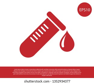 Red Test tube or flask with drop of blood icon isolated on white background. Laboratory, chemical, scientific glassware sign. Vector Illustration