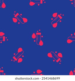 Red Test tube with water drop icon isolated seamless pattern on blue background.  Vector