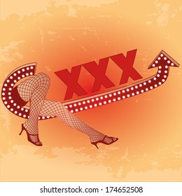 red text with an arrow and the legs of a erotic woman