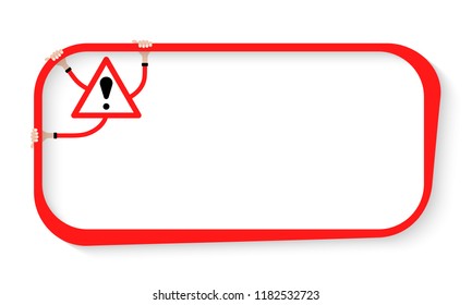 Red text box for your text. Hands hold triangle with exclamation mark