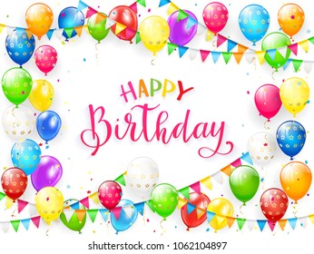 Red text Happy Birthday on white background with flying colorful balloons, pennants and confetti, illustration.