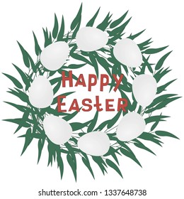 red text Happy Easter card, wreath from green leaves with white eggs