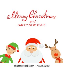Red text Merry Christmas and Happy New Year on white background. Happy Santa Claus with little elf and reindeer, illustration.