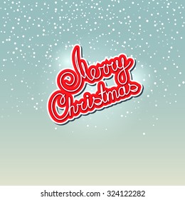Red Text Merry Christmas on Snowfall Background in Turquoise Shades, Winter Background with the Words Merry Christmas,  Vector Illustration