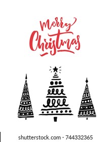 Red text Merry Christmas and three hand drawn spruces. Calligraphy card design.