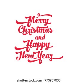 Red text on a white background. Merry Christmas and Happy New Year lettering for invitation and greeting card, prints and posters. Calligraphic design