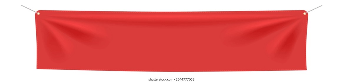 Red textile banner hanging gracefully against a clean white background, supported by two metallic wires with eyelets, perfect for displaying messages or designs in various contexts