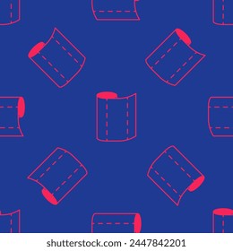 Red Textile fabric roll icon isolated seamless pattern on blue background. Roll, mat, rug, cloth, carpet or paper roll icon.  Vector