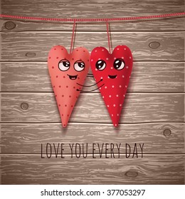 Red textile heart. Valentine card design.