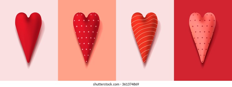 Red textile hearts. Valentine card design.