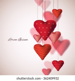 Red textile hearts. Valentine card design.