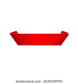 Red textile label. Fabric tag for textile with curled edges. Vector realistic mockup of blank cloth label with stitches, cotton ribbon badge, woven fashion sticker for size information