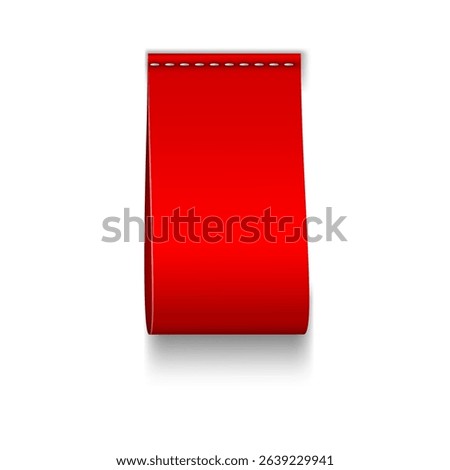 Red textile loop label sewn vertically. Fabric tag for textile. Vector realistic mockup of blank cloth label, cotton or silk badge. Woven fashion sticker for size, material, wash information