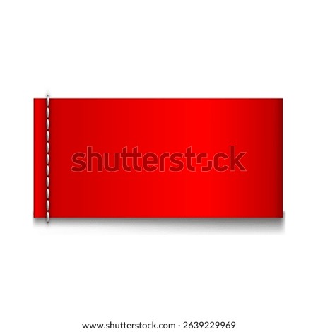 Red textile loop label sewn horizontally. Fabric tag for textile. Vector realistic mockup of blank cloth label, cotton or silk badge. Woven fashion sticker for size, material, wash information