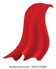 Red textile. Realistic drapery cape, silk and velvet scarlet cloak. Masquerade and carnival decorative clothing element. Superhero symbol. Wavy curtain vector isolated illustration