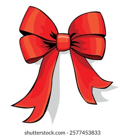 Red textile ribbon bow for decoration greeting card, invitation. Cartoon vector on transparent background