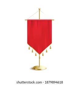 Red textile triangle pennant with golden tassels hanging on standing rack realistic vector mockup illustration isolated on white background. Sport club command award flag.