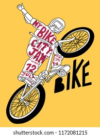Red texts patterned biker with his motorcycle on yellow background. Vector illustration.