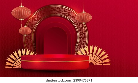 Red textural composition, Chinese lanterns in paper art style.