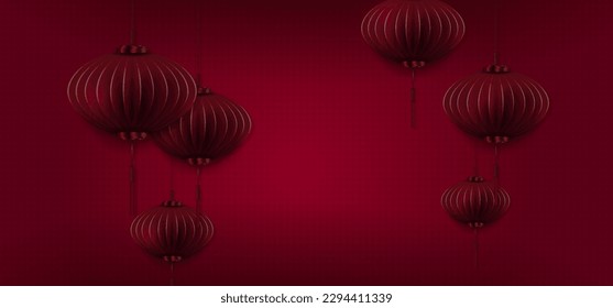 Red texture background, Chinese lanterns in paper art style