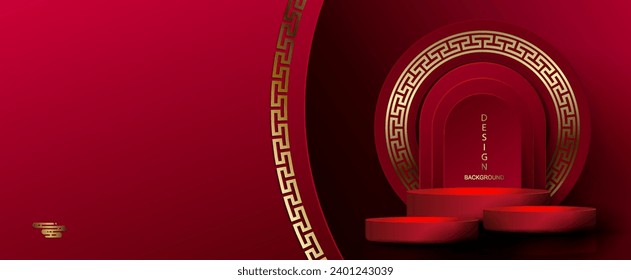 Red texture composition with a stage, golden round frames with a pattern.