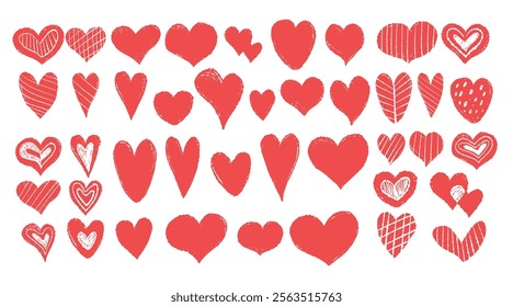 Red texture hearts collection. Curvature chalk hand drawings scribbles. Isolated elements scrawls. Vector illustration