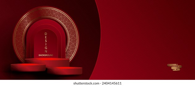 Red texture illustration with a stage and a frame with a gold color pattern.