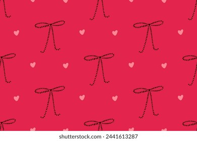 Red texture, minimalist bows and hearts, bold wrapping paper seamless vector pattern.