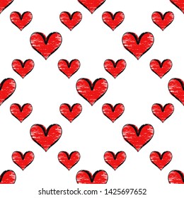 Red textured heart seamless pattern. Simple flat design. Fashion background for wallpaper, scrap booking and textile.  Love symbol illustration for Valentine day. Abstract wrapping decoration.