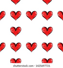 Red textured heart seamless pattern. Simple flat design. Fashion background for wallpaper, scrap booking and textile.  Love symbol illustration for Valentine day. Abstract wrapping decoration.