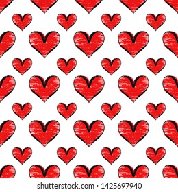 Red textured heart seamless pattern. Love symbol illustration for Valentine day. Fashion background for wallpaper, scrap booking and textile. Simple flat design. Abstract wrapping decoration.