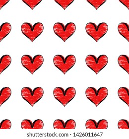 Red textured heart seamless pattern. Simple flat design. Fashion background for wallpaper, scrap booking and textile.  Love symbol illustration for Valentine day. Abstract wrapping decoration.