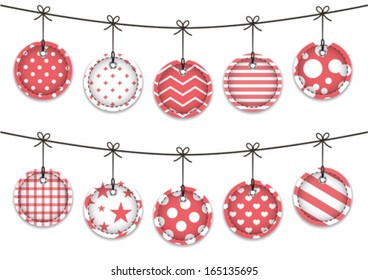 Red textured labels for Christmas. Hanging baubles. Vector illustration