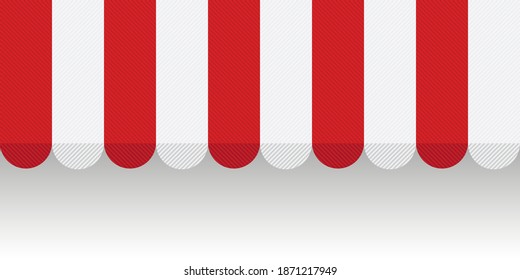 Red textured striped awning for shop. Tent sun shade for market on white background. Vector illustration