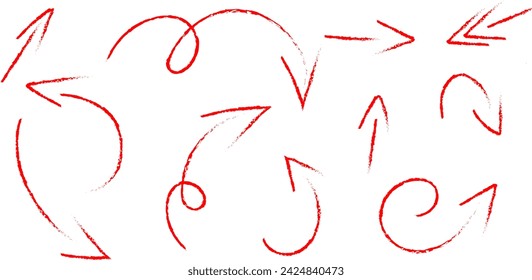 Red textured vector arrows, highlight doodle set isolated