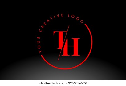 Red TH Letter Logo Design with Creative Intersected and Cutted Serif Font.